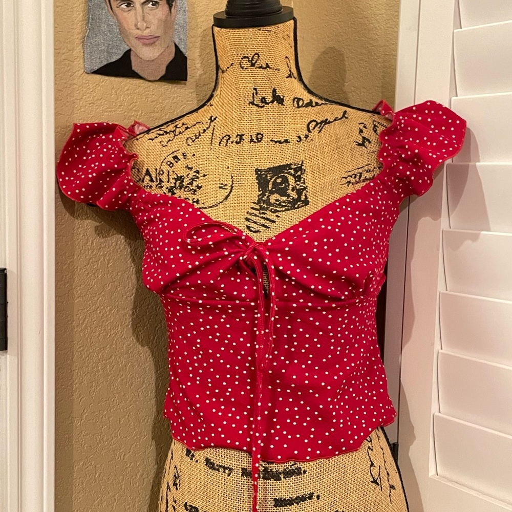 Elegant Red Polka Dot Blouse with Ruffle Sleeves